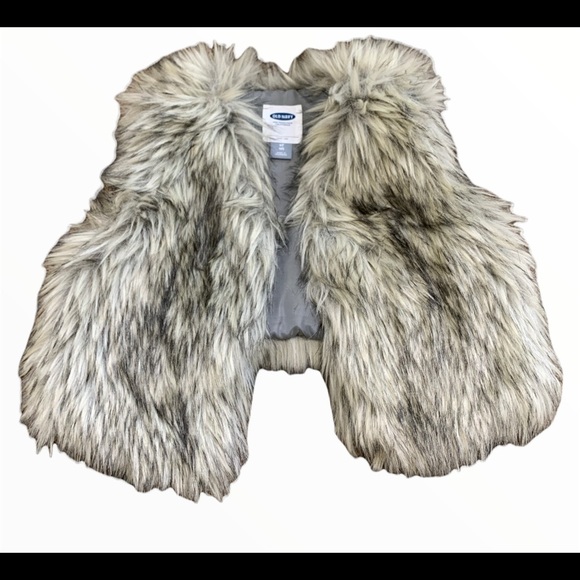 OLD NAVY Faux Fur Vest With Button Enclosure Ivory/Grey Mix Girls Age 4T - Picture 7 of 11